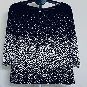 Ann Taylor Navy Blue And Cream Print Pullover Top Women 3/4 Sleeve Size 12